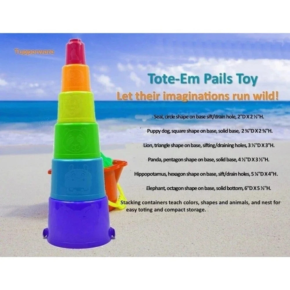 Tupperware TOTE-EM PAILS Kids Beach Sand Pool Toy Stacking NOS Pastel